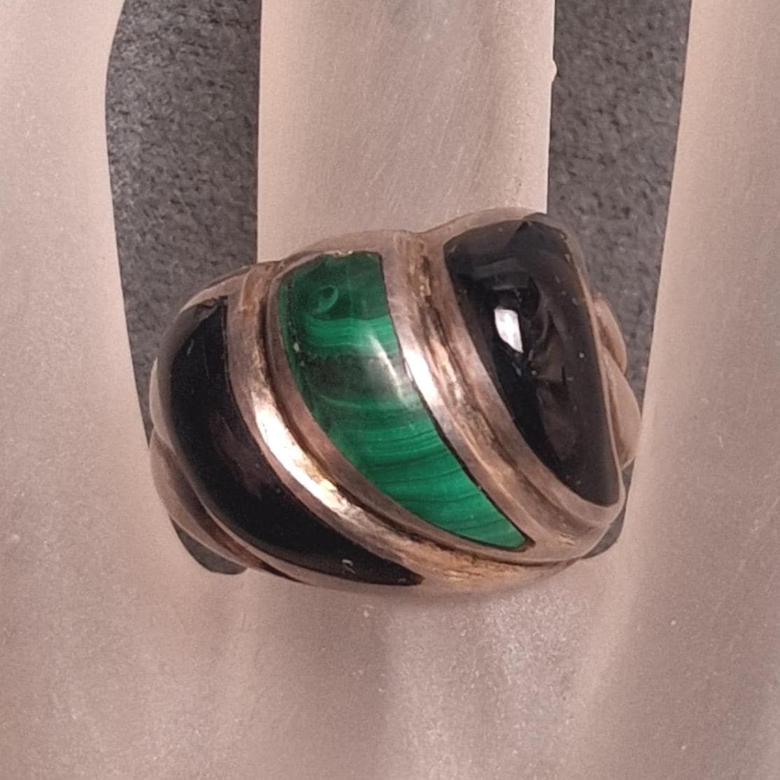 Sterling Malachite Onyx Ring Size 6 Chunky Asymmetrical